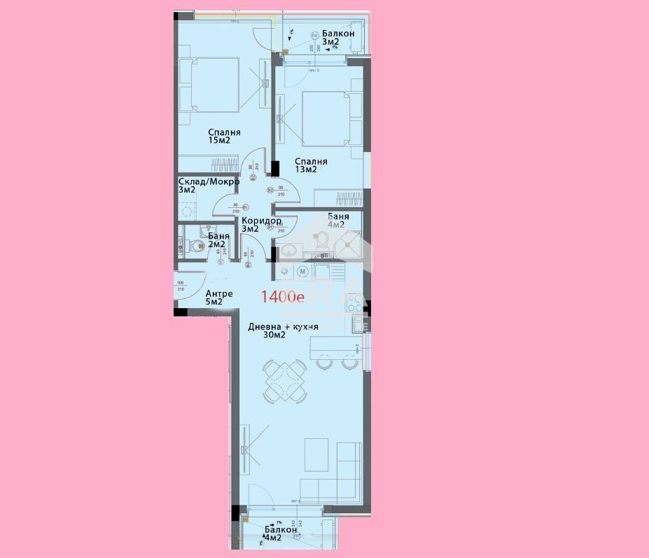 Three-room apartment Sofia (neighborhood Модерно предградие) - floor plans 1